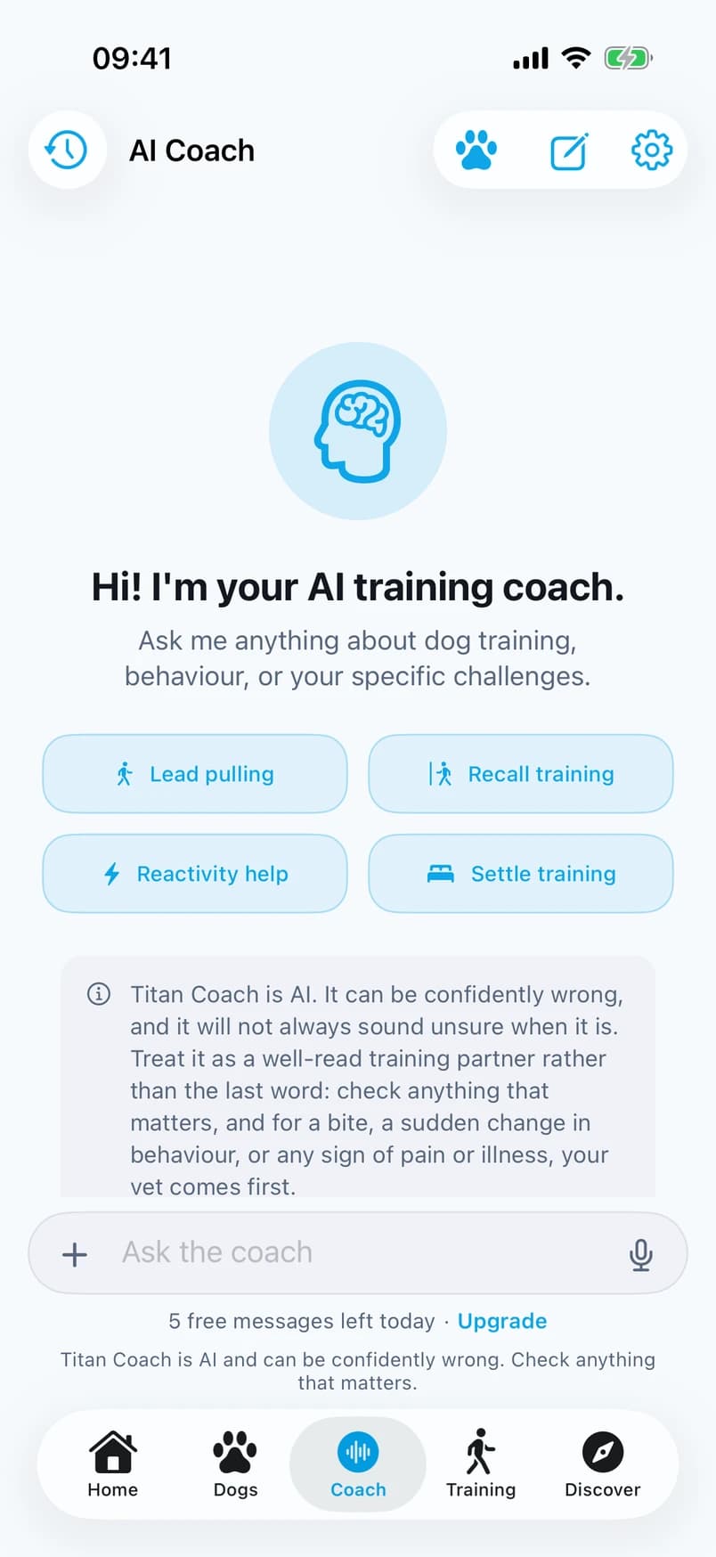 The AI Coach screen with suggested questions and a message field