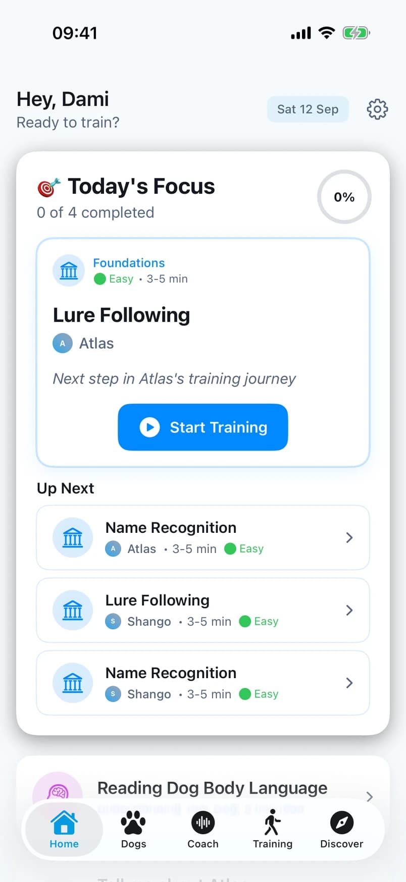 The app’s Home screen with today’s training for Atlas and Shango