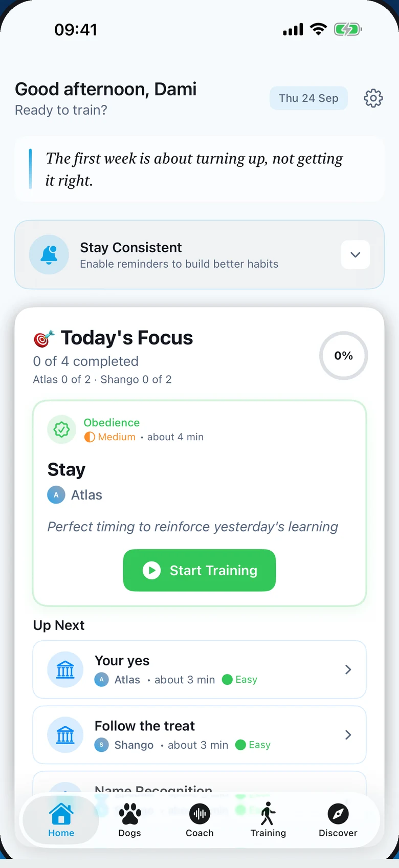The app’s Home screen with today’s training for Atlas and Shango