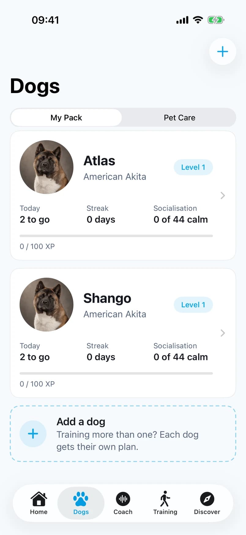 Dog profiles for Atlas and Shango with training progress and socialisation tracking