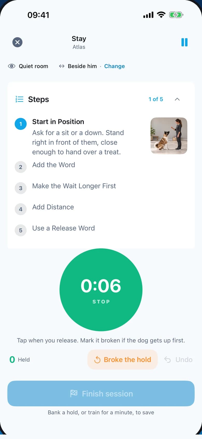 A Stay session with the steps and a running timer